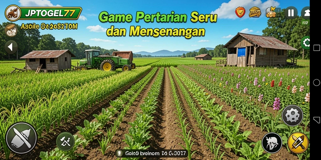 Tangkapan layar gameplay JPTOGEL77 dengan pertanian yang subur dan aktif.