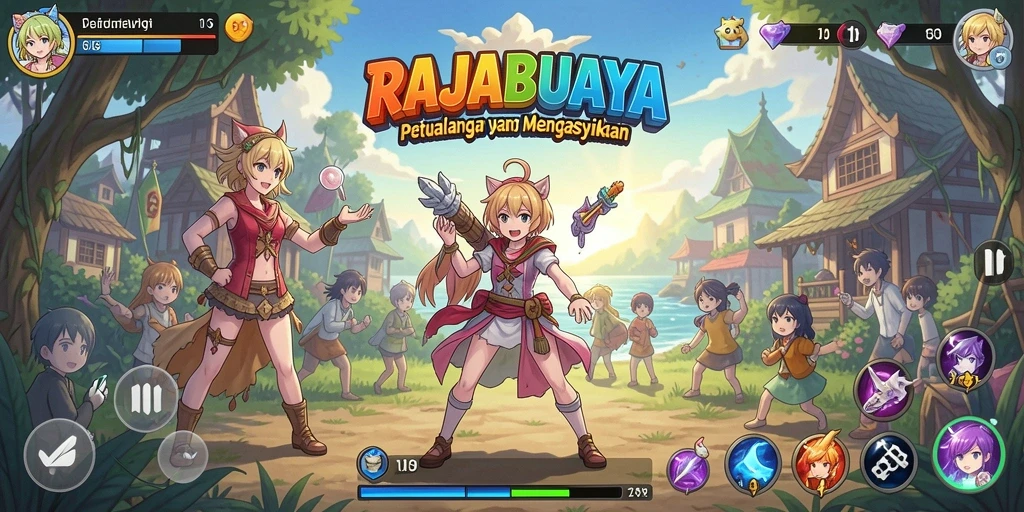 Tangkapan layar gameplay RAJABUAYA yang penuh aksi dan karakter Anime.